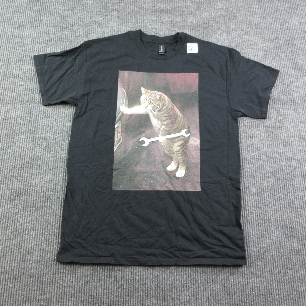 Mechanic Cat Shirt Mens L Black Heavyweight Front Print Gildan Graphic Tee